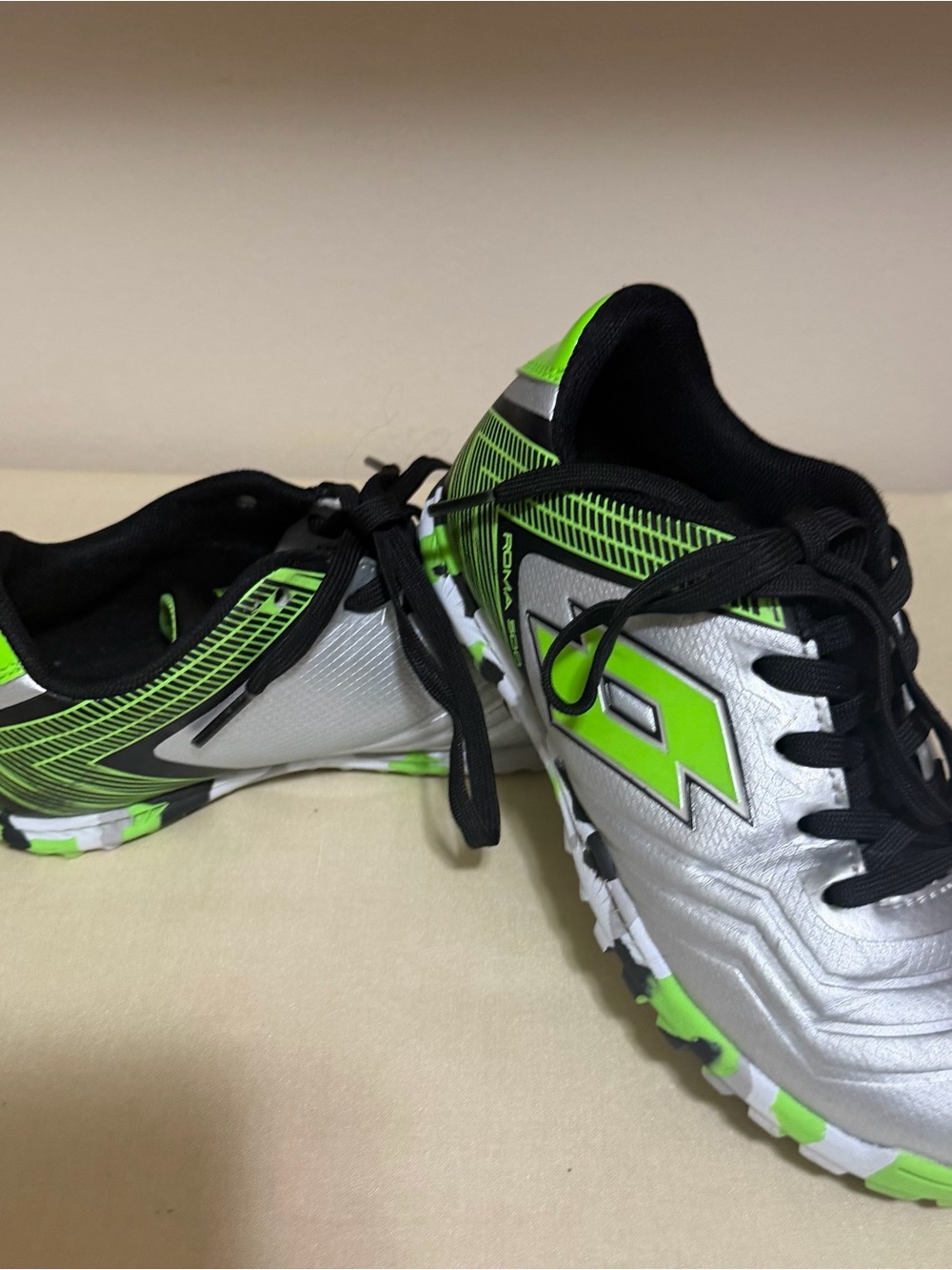 Silver and Neon Green Kids Turf Soccer Shoes